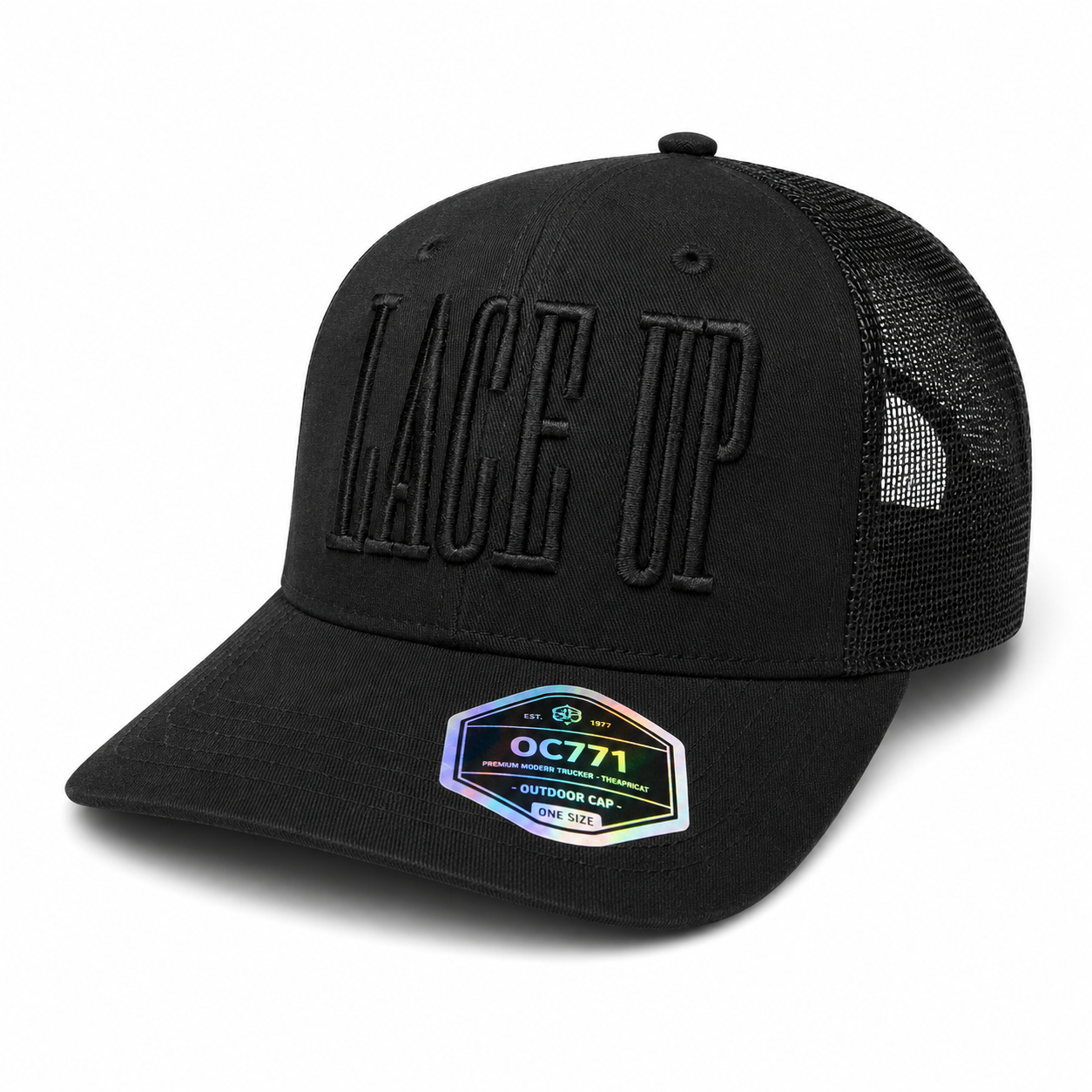 BLACK/BLACK Lace Up Trucker Hat